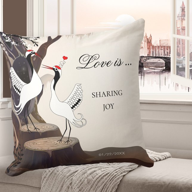 Japanese Cranes Wedding Love Birds Pillow (Romantic pillow featuring an illustration of two Japanese cranes in love at the edge of a forest)