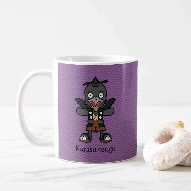 Japanese Crow Tengu: Cartoon Yokai Coffee Mug (With Donut)