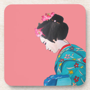 Japanese cute Geisha with cherry blossom Coaster