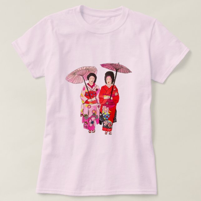 Japanese cute Geisha with pink kimono T-Shirt (Design Front)
