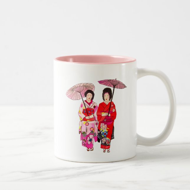 Japanese cute Geisha with pink kimono Two-Tone Coffee Mug (Right)