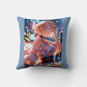 Japanese Cyberpunk Anime Girl Poster Neon City Cushion