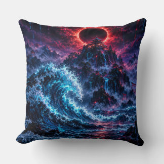 Japanese Cyberpunk Mountain Wave Eclipse Poster Cushion