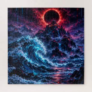 Japanese Cyberpunk Mountain Wave Eclipse Poster Jigsaw Puzzle