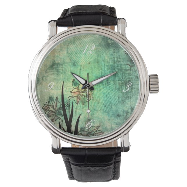 Japanese Daffodil Aquamarine Scratch Print Watch (Front)