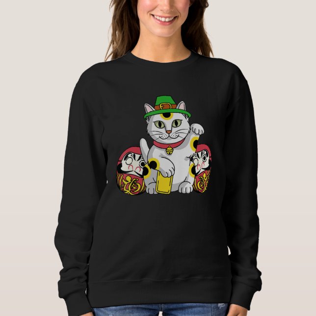 Japanese Daruma Doll Maneki Neko Cat In St Patrick Sweatshirt (Front)