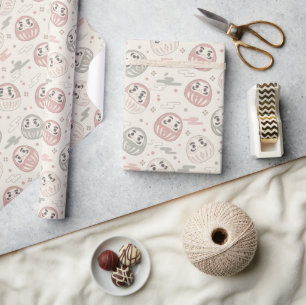 Japanese Daruma Dolls Lucky Charm Pastel Wrapping Paper