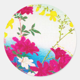 Japanese day lilies - magenta, yellow blue classic round sticker
