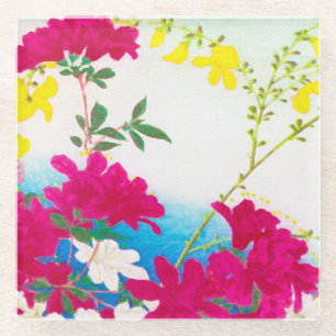 Japanese day lilies - magenta, yellow blue glass coaster