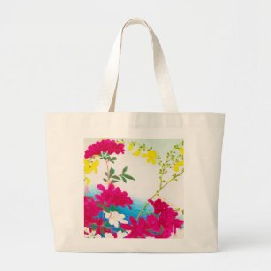 Japanese day lilies - magenta, yellow blue large tote bag