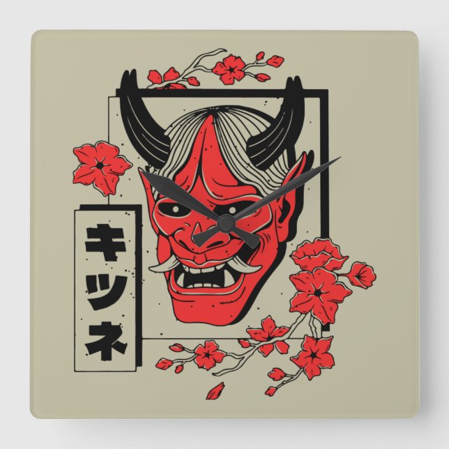 Japanese demon square wall clock (Front)