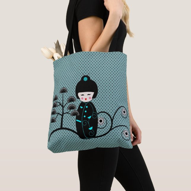 Japanese Doll Design on Blue Black Polka Dot Tote Bag (Close Up)