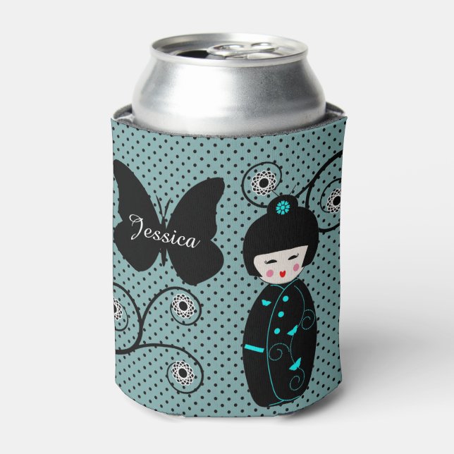 Japanese Doll Polka Dot Personalised Can Cooler (Can Front)