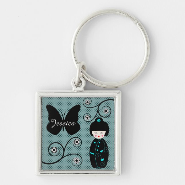 Japanese Doll Polka Dot Personalised Key Ring (Front)