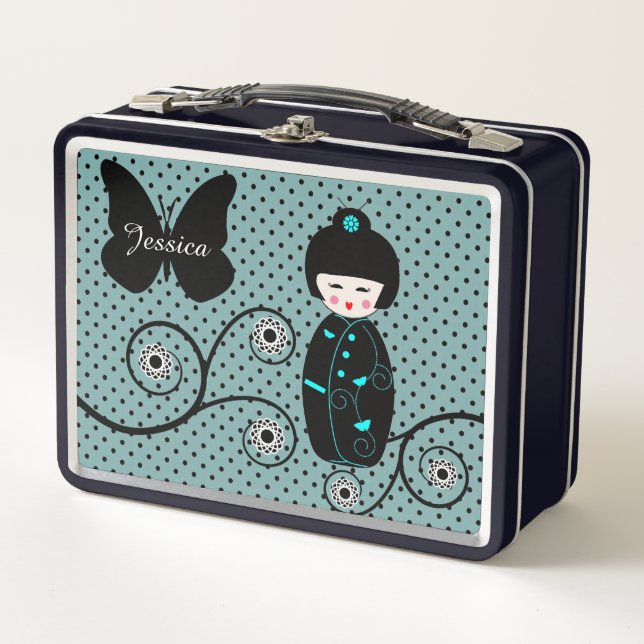 Japanese Doll Polka Dot Personalised Metal Lunch Box (Front)