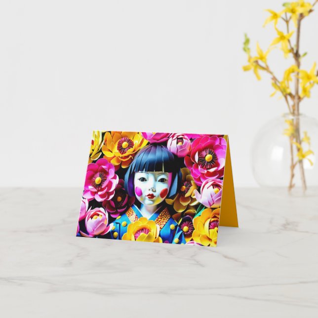 Japanese Doll with Peonies Origami 3HGC Card (Yellow Flower)