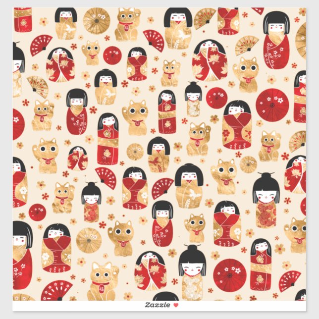 Japanese Dolls - Kokeshi and Maneki Neko Cats (Sheet)