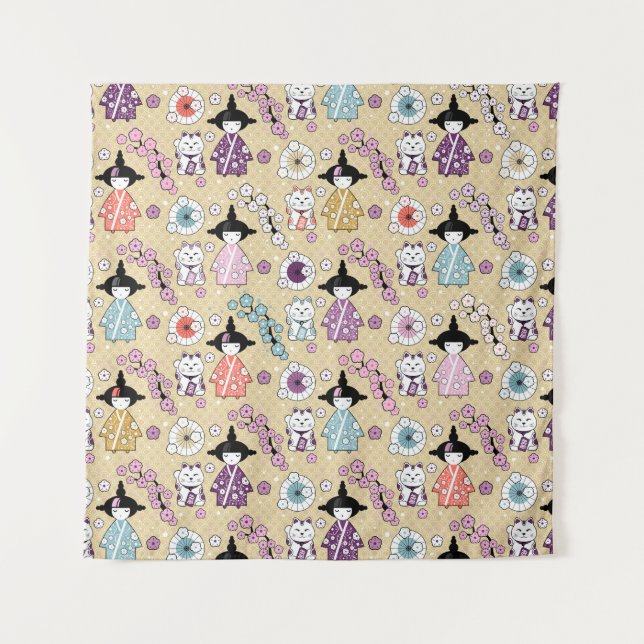 Japanese Dolls - Kokeshi and Maneki Neko Cats Tapestry (Front)