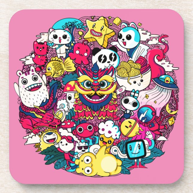 Japanese Doodle Art Throw Pillow Coaster (Front)