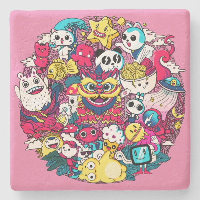 Japanese Doodle Art Throw Pillow Stone Coaster (Front)