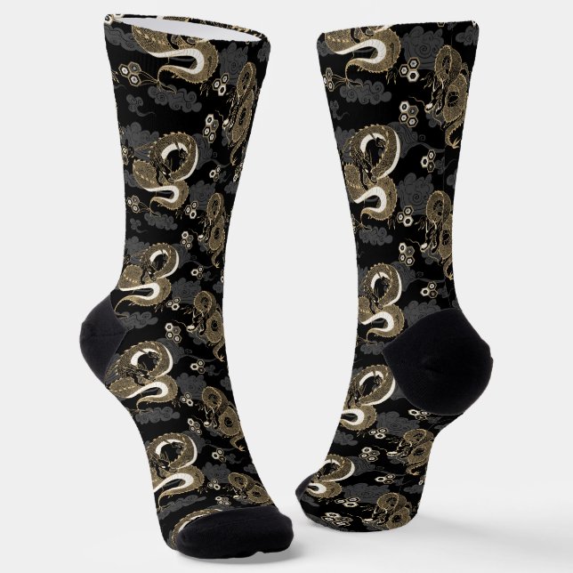 Japanese Dragon Black and Gold Socks (Angled)