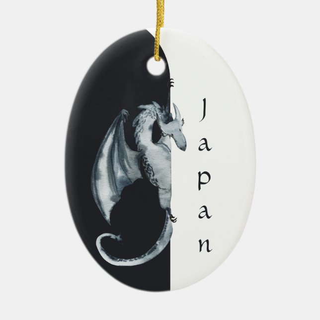 Japanese Dragon Japan Black, White Christmas Ceramic Tree Decoration (Front)