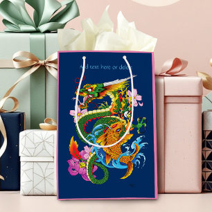 Japanese Dragon Koi Lotus Mythical Asian Blue Medium Gift Bag