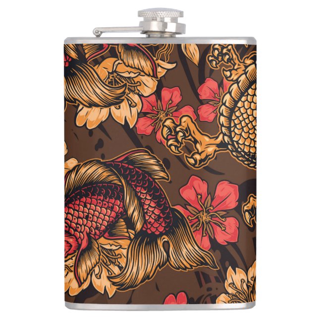 Japanese dragon koi pattern. hip flask (Front)