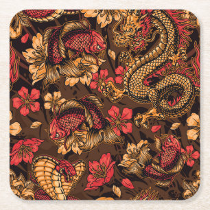 Japanese dragon koi pattern. square paper coaster
