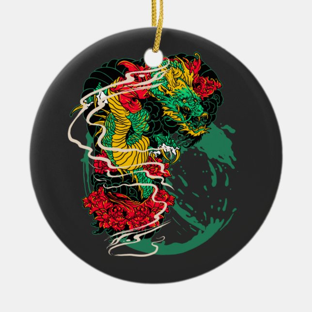 Japanese Dragon Peony Traditional Tattoo Art Ceramic Tree Decoration (Front)