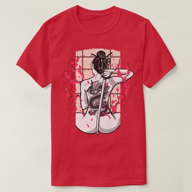 Japanese Dragon Tattooed Samurai Girl Cherry Bloss T-Shirt (Design Front)