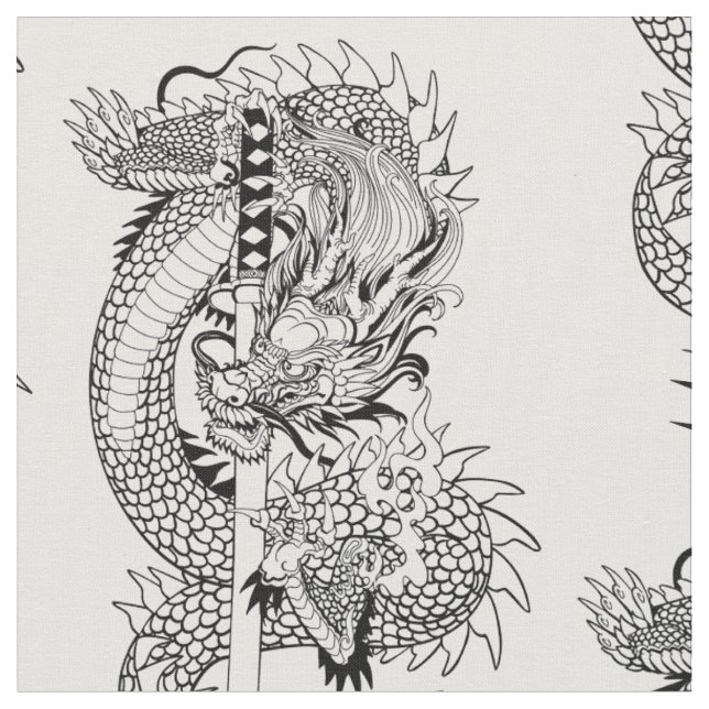 Japanese dragon with katana sword  fabric (Close Up)