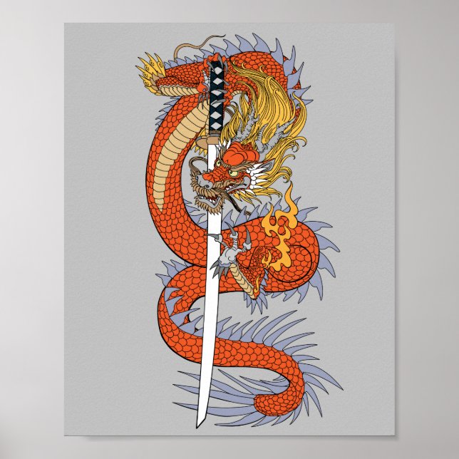 Japanese dragon with katana sword  poster (Front)