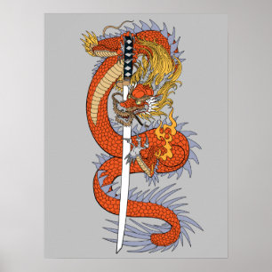 Japanese dragon with katana sword poster