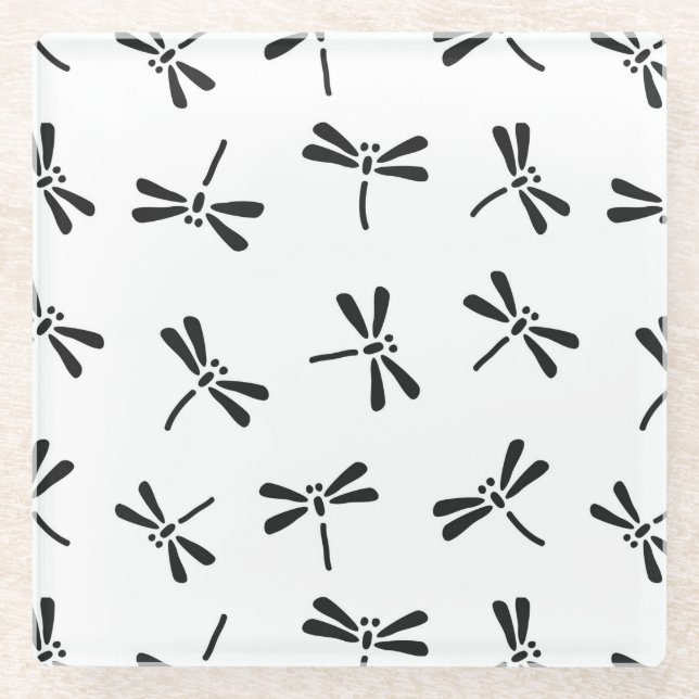 Japanese Dragonfly Pattern, Black and White Glass Coaster (Front)