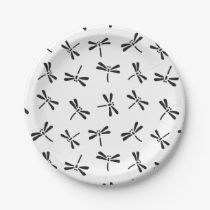 Japanese Dragonfly Pattern, Black and White Paper Plate