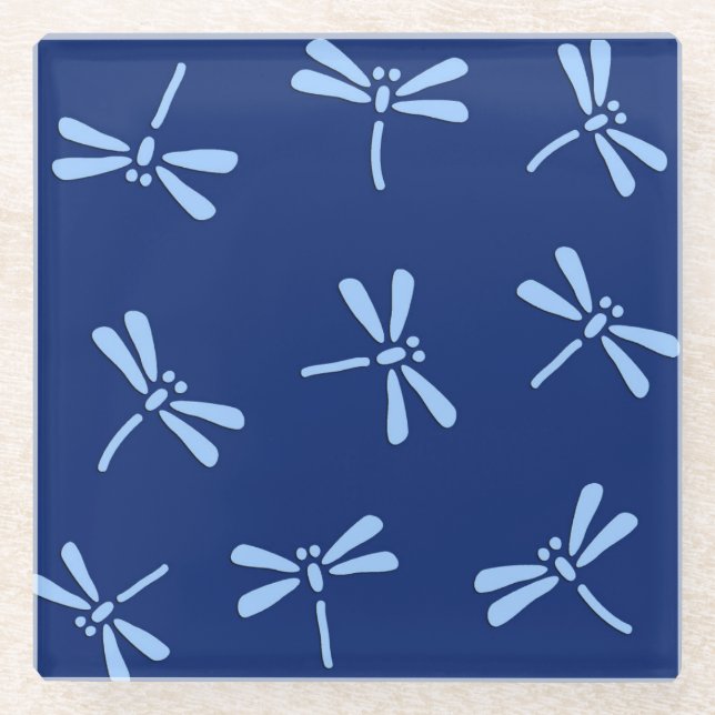 Japanese Dragonfly Pattern, Cobalt and Sky Blue Glass Coaster (Front)
