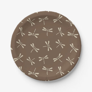 Japanese Dragonfly Pattern, Cream and Taupe Tan Paper Plate