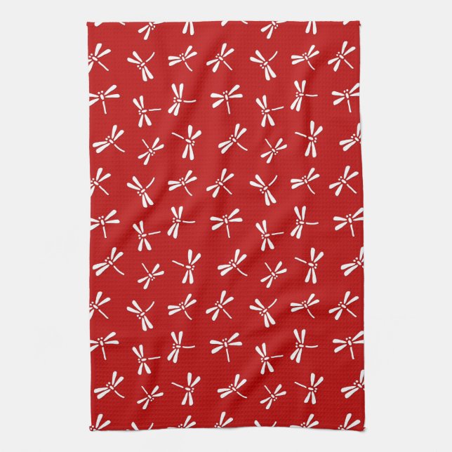 Japanese Dragonfly Pattern, Deep Red and White Tea Towel (Vertical)