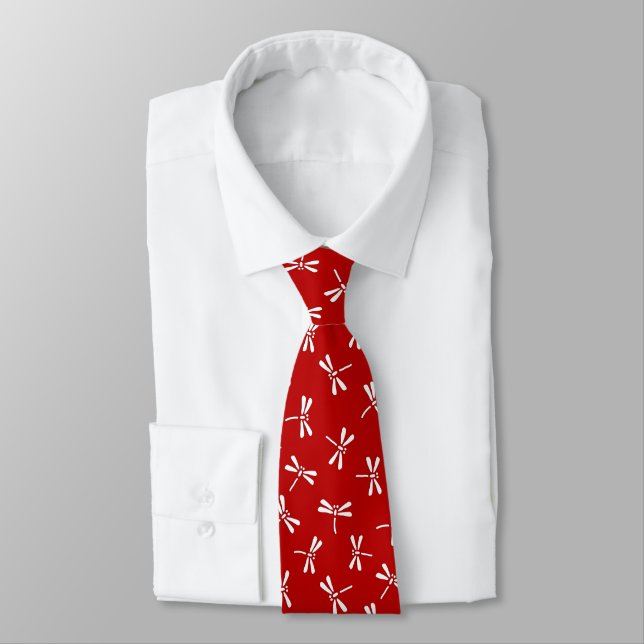 Japanese Dragonfly Pattern, Deep Red and White Tie (Tied)