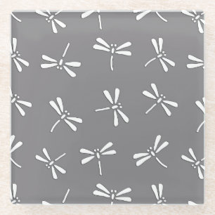 Japanese Dragonfly Pattern, Grey / Grey and White Glass Coaster