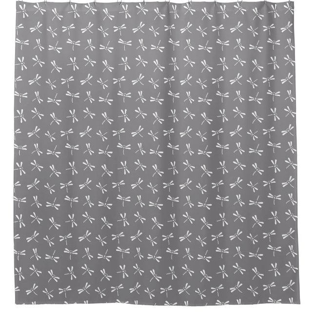 Japanese Dragonfly Pattern, Grey / Grey and White Shower Curtain (Front)