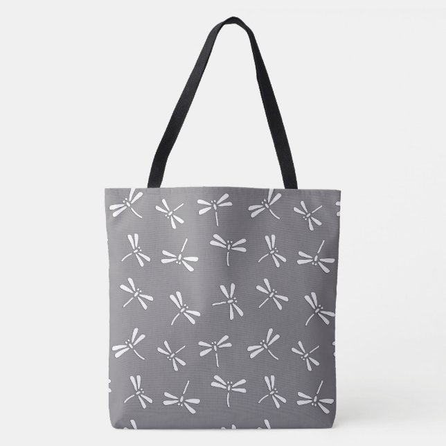 Japanese Dragonfly Pattern, Grey / Grey and White Tote Bag (Front)