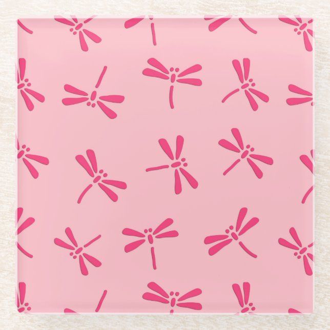 Japanese Dragonfly Pattern, Light Coral Pink Glass Coaster (Front)