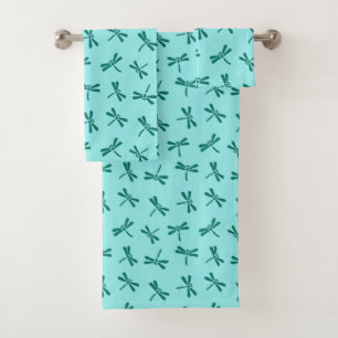 Japanese Dragonfly Pattern, Turquoise and Aqua Bath Towel Set