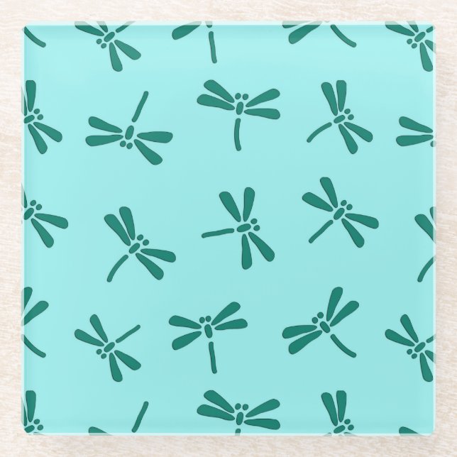 Japanese Dragonfly Pattern, Turquoise and Aqua Glass Coaster (Front)