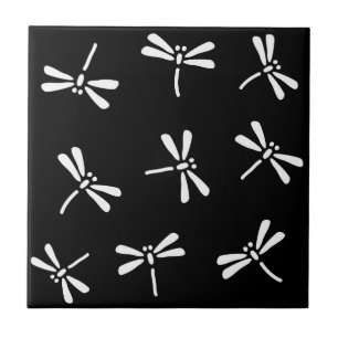 Japanese Dragonfly Pattern, White and Black Tile