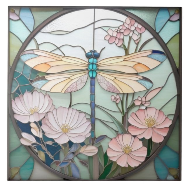 Japanese Dragonfly Stained Glass Art Deco Nouveau Tile (Front)