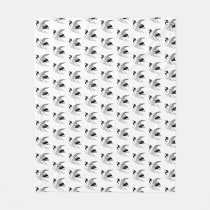 Japanese Drawing of a Crane, Black and White Fleece Blanket