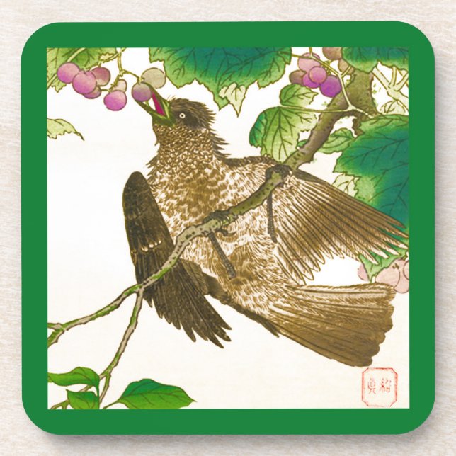 Japanese Drawing of Jay on a Grape Vine Coaster (Front)